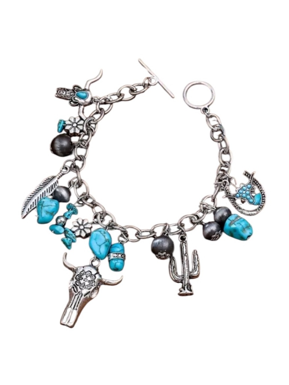 Western Turquoise Charm Bracelet Silver Boho Cow Skull Cactus Jewelry New